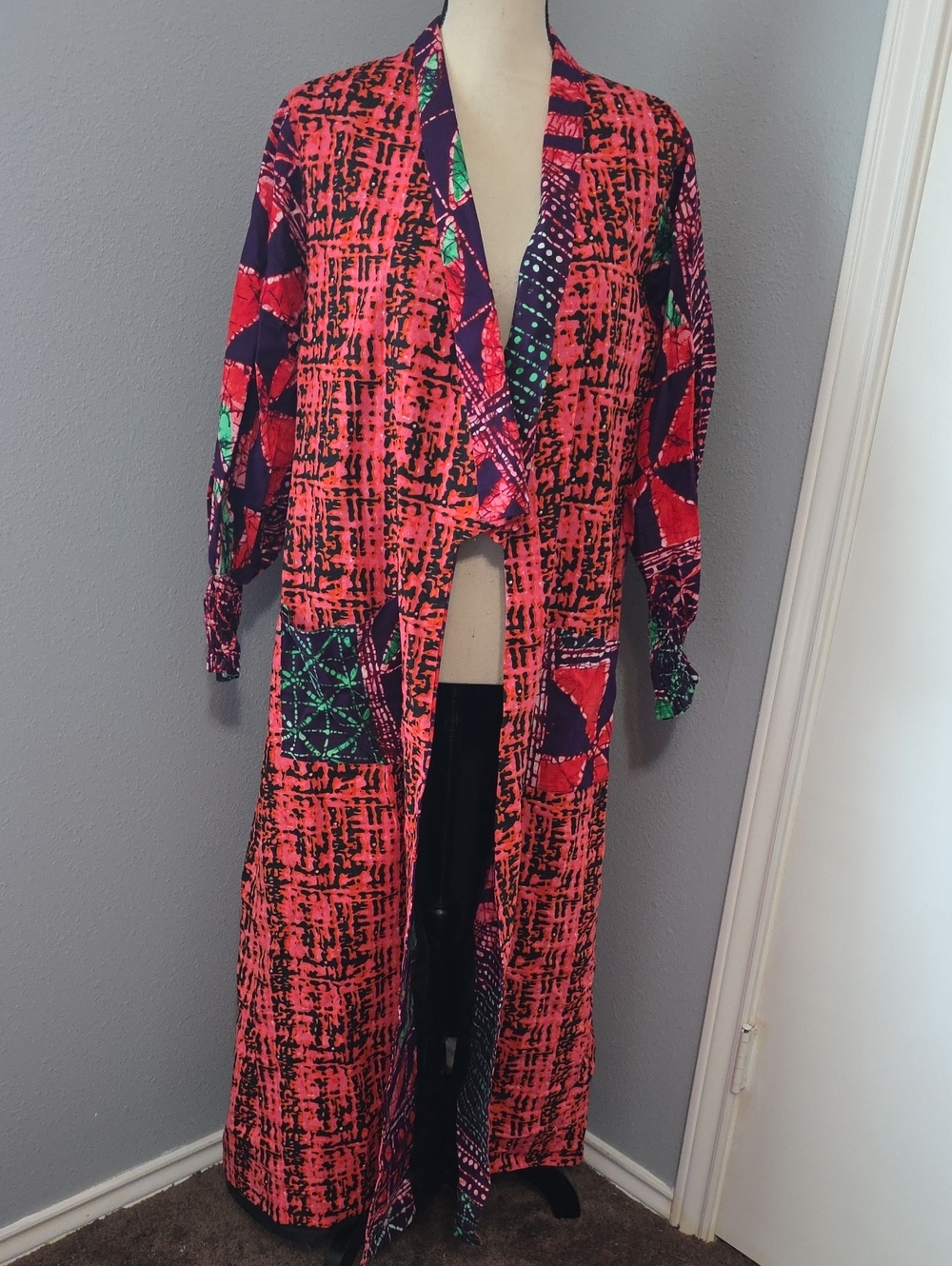 Hafi African Print Kimono/Duster Coat Vibrant Coral and Navy Sz M